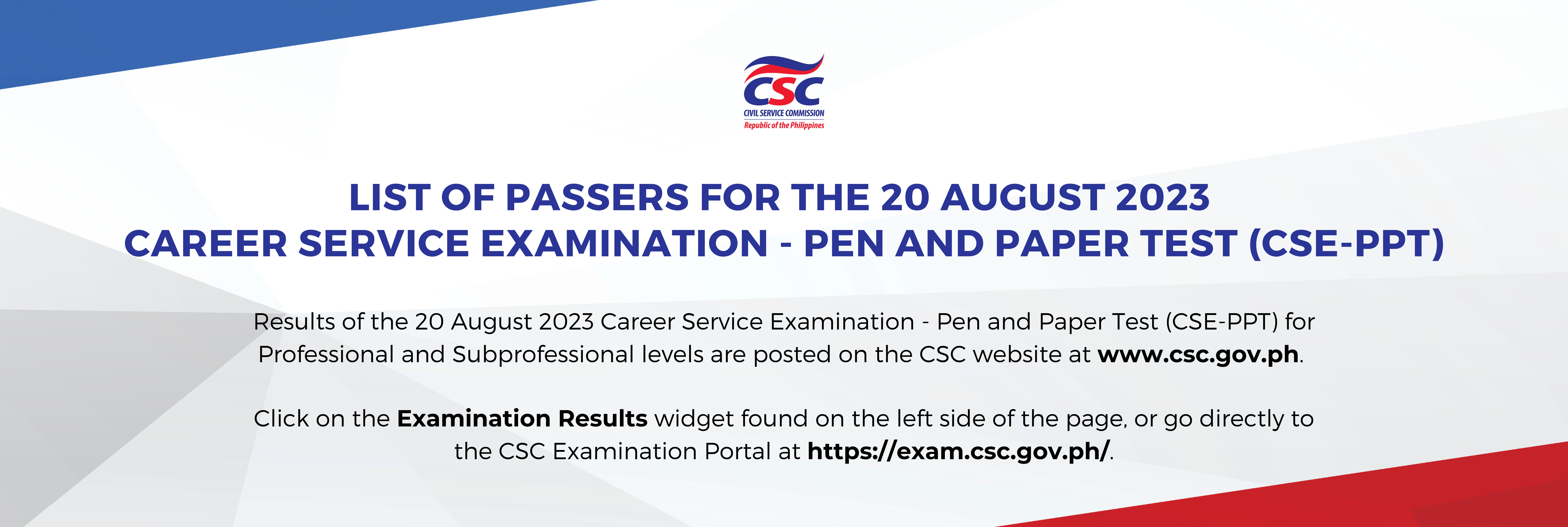 List of Passers for the 20 August 2023 Career Service Examination-Pen and Paper Test (CSE-PPT)
