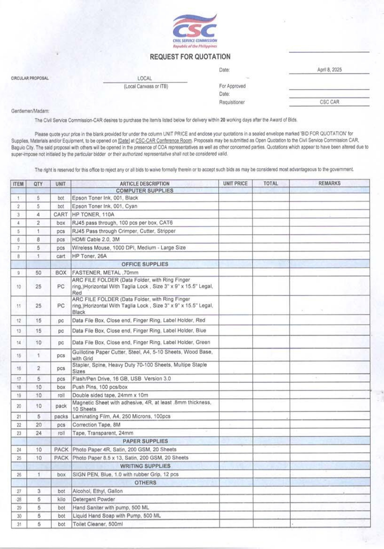 RFQ 2nd Supplies CSC page 0001