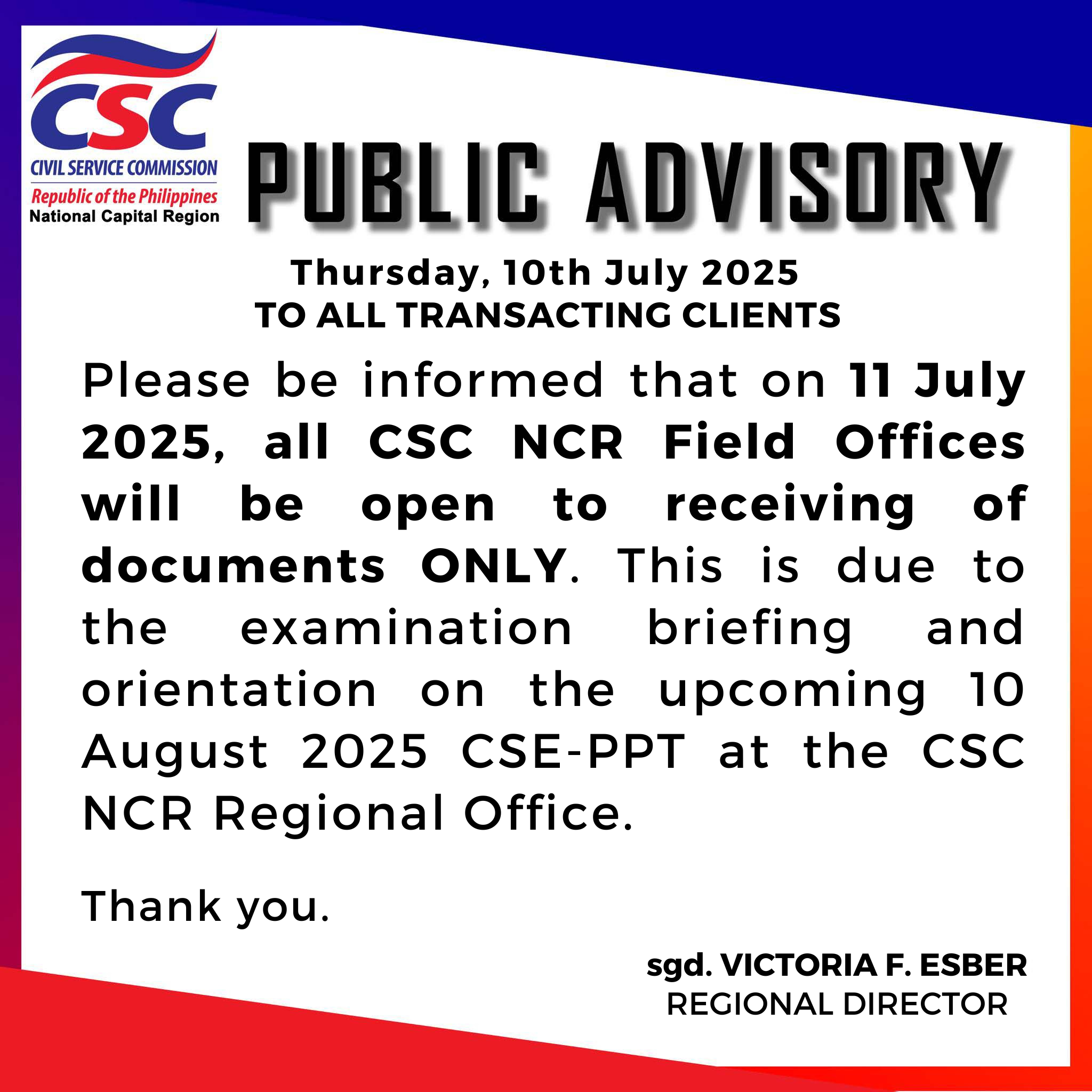 Public Advisory 07 10 2025 FOs Receiving Only